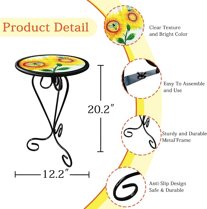 Bee Sunflower Side Tablle with Glass Top & Metal Base Furniture Decor | Manortang; 12 Inch; Side Table; Glass Top & Metal Base; Living Room Decor; handicrafts; Indoor & Outdoor; Great gift choice