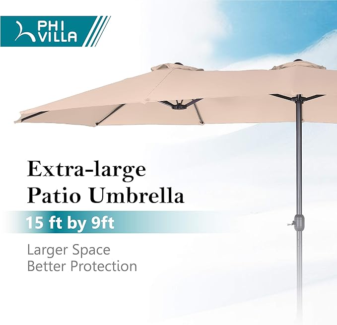 PHI VILLA 15FT Patio Umbrella with Base, Large Double-Sided Outdoor Market Umbrella with Crank Lift, UV-Resistant Canopy for Poolside, Garden, Deck, Backyard, Khaki