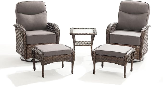 Outdoor Swivel Rocking Chair Patio Set (5-Piece), High-Back - Thick Cushion Swivel Rocking Chair Patio Set, All-Weather Wicker Patio Furniture Set, Suitable for Balcony Patios, Brown/Gery