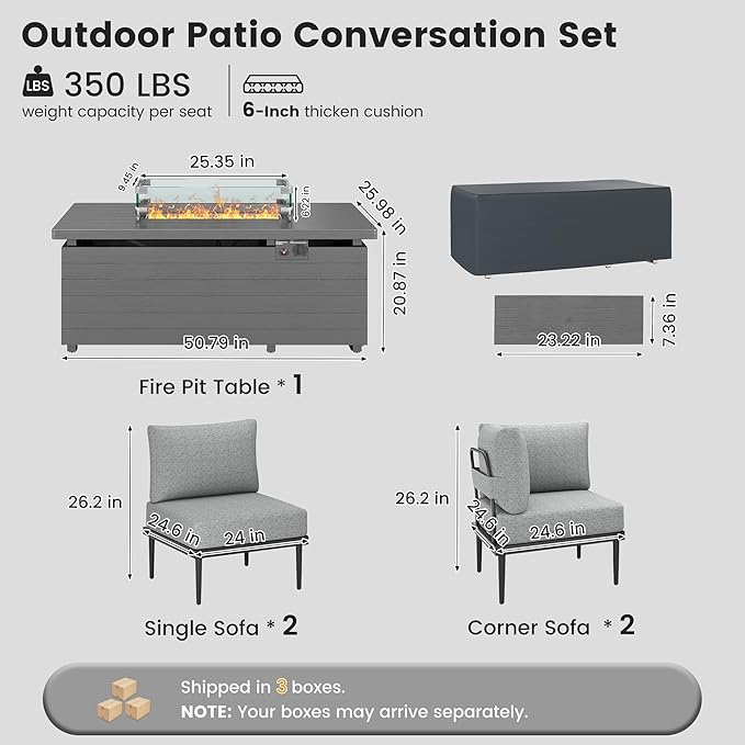 Metal Patio Furniture Set, 5 Pieces Outdoor Sectional Couch Sets with Fire Pit Table, 6" Thick Cushion Outdoor Conversation Set for Deck, Patio & Courtyard (Gray)