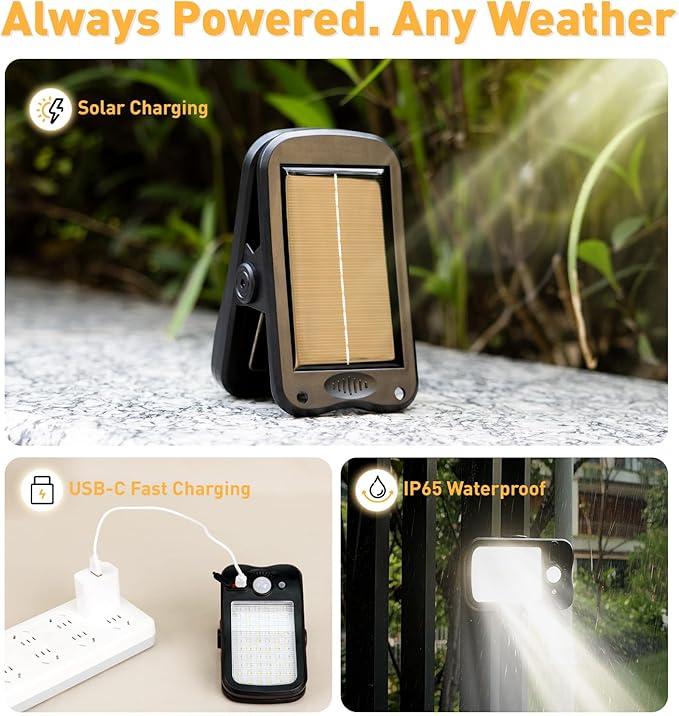 2 Pack Clip On Solar Lights Outdoor, 60 LED 500LM Motion Sensor Clamp Light, USB & Solar Powered Waterproof Security Lights for Fence Gutter Deck Camping, 1-Second Fast Install