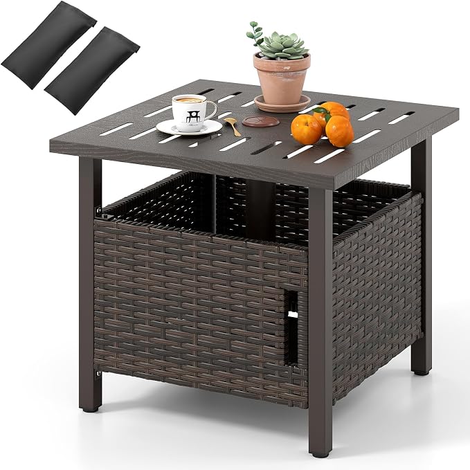HAPPYGRILL Outdoor Side Table with 1.93" Umbrella Hole, Patio Umbrella Stand with Zinc-Iron Alloy Tabletop, Rustproof Metal Frame, PE Rattan End Table for Deck Garden Yard Poolside (with Sand Bag)