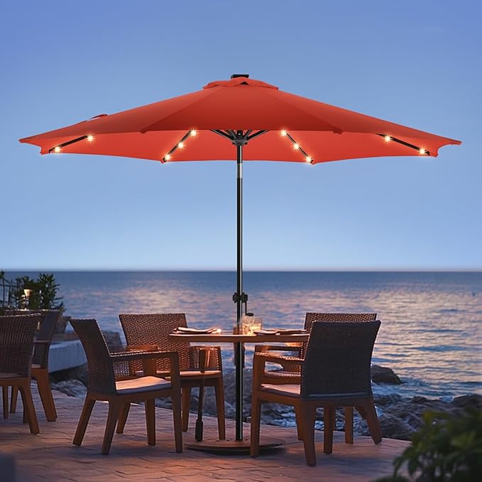 wikiwiki 9ft Solar Led Patio Umbrella, Sturdy Outdoor Market Umbrella for Deck, Pool, Garden w/Tilt, Crank, 32 LED Lights, Red