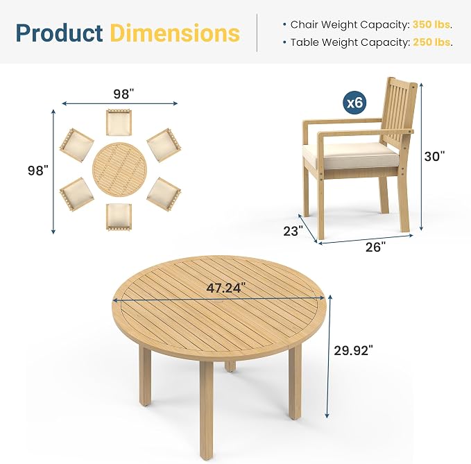 Wisteria Lane 7-Pieces Acacia Patio Table and Chairs Set for 6, Outdoor Dining Set with Table, Modern Patio Table Set with Cushion, Patio Furniture Set for Backyard Deck Garden Porch, Brown