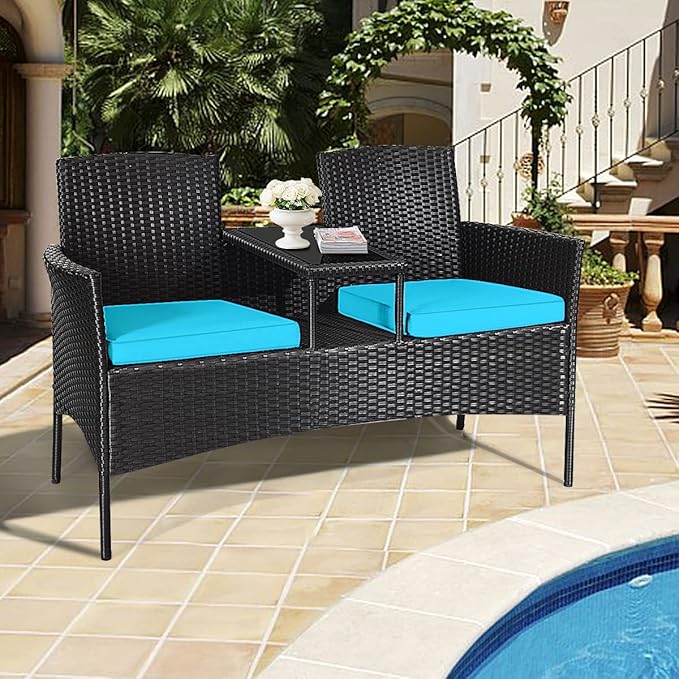 Outdoor Love Seat Set Patio Conversation Set with Cushion & Built-in Coffee Table, Outdoor Rattan Sofa Furniture Set for Garden, Lawn, Backyard (Turquoise)