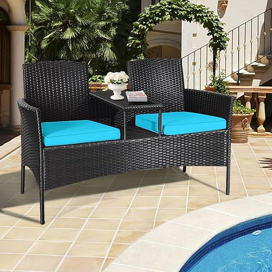 Outdoor Love Seat Set Patio Conversation Set with Cushion & Built-in Coffee Table, Outdoor Rattan Sofa Furniture Set for Garden, Lawn, Backyard (Turquoise)