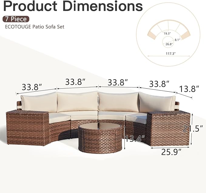 ECOTOUGE Outdoor Patio Furniture Set, 7-Piece Half-Moon All-Weather Wicker Curved Outdoor Sofa, Rattan Conversation Set with Storage Table, Fit for Pool, Backyard, Balcony, Garden(Brown&Beige)