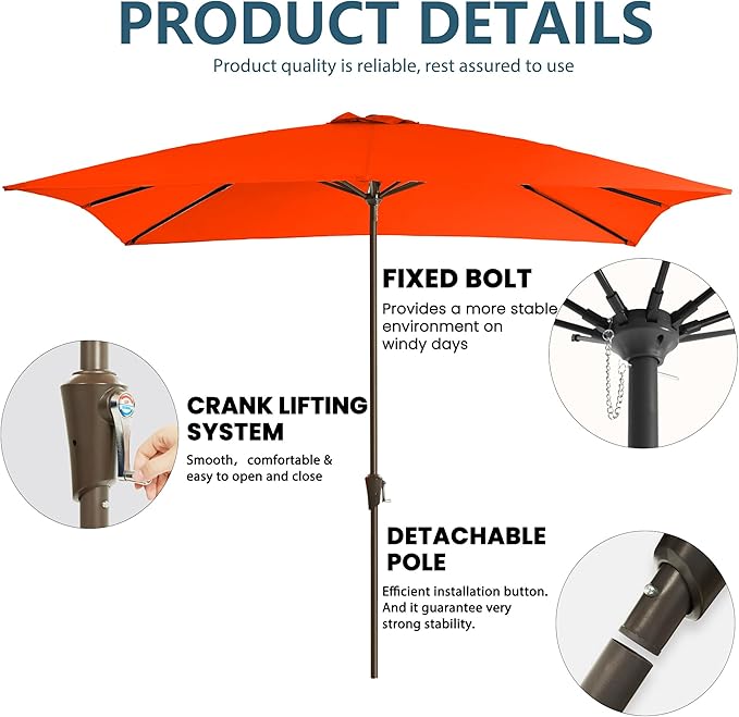 8x10FT Rectangular Patio Umbrella Crank Lift for Garden,UV Protection Outdoor Umbrella for Deck,Pool and Yard,Orange