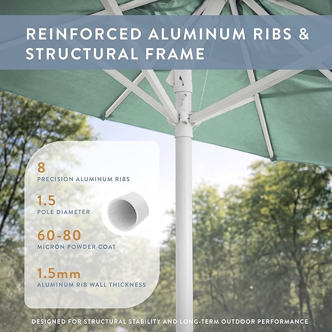 California Umbrella 10-Year Protection 9 Ft Outdoor Patio Umbrella, Pacifica Fade-Resistant Fabric, Auto-Tilt, Heavy Duty Aluminum Frame, 8 Reinforced Ribs for Pool or Deck, White Pole, Spa