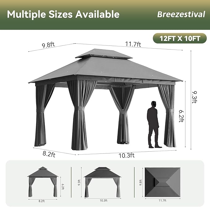 12'x10' Gazebo, Outdoor Gazebo Metal Frame Canopy with Double Roofs, Heavy Duty Patio Tent Shelter with Mosquito Netting and Privacy Screen for Backyard, Grey