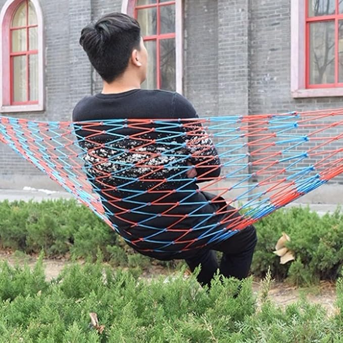 Nylon Rope Hammock 9 Groups 18 Knotted Ropes Mesh Outdoor Camping Hammock with Storage Bag Easy to Set Up(Green)