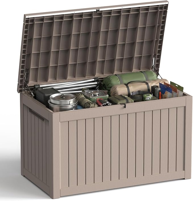 Waterproof Outdoor Storage Box Outside Deck Box Lockable Resin Bench UV Resistant Furniture Cushion Pool Tool Float Bin Patio Garden Porch (Grey, 325 Gallon)