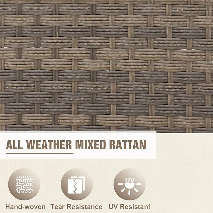 Modern Wicker Patio Furniture Set, Rattan Outdoor Conversation Set with Comfortable Cushions, 2 Patio Chairs, 3 Seat Couch and 2 Ottomans, 5 Pieces, Brown/Gray