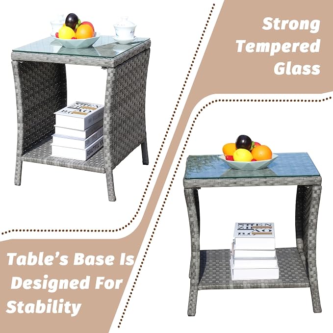 Outdoor Rattan Patio Side Tables, Wicker Table with Clear Tempered Glass Top, Patio End Tables with Storage Shelf, Outdoor Small Tables for Patio,Porch,Balcony,Backyard (Grey, 19.25 Inch)