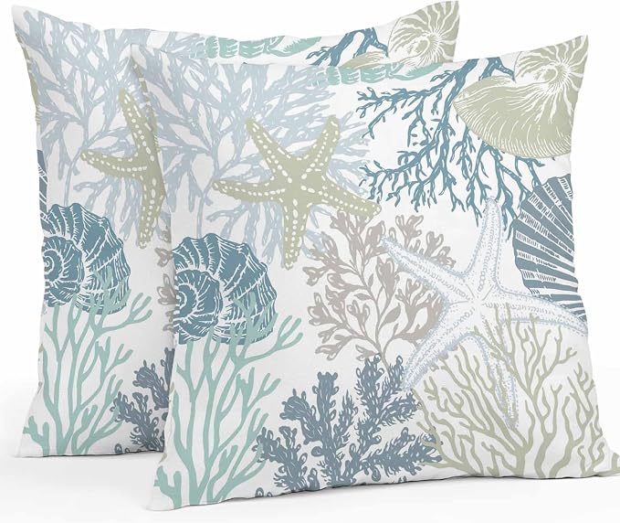 Blue Coral Coastal Waterproof Outdoor Pillow Covers 18''x18'' Set of 2, Starfish Conch Patio Furniture Summer Cushion Covers for Chairs, Decorative Beach Ocean Pillow Cases for Garden/Pool/Beach