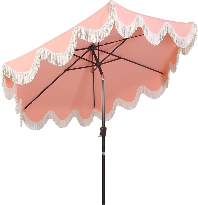 JONATHAN Y UMB1001 Collins 9 ft. Classic Cottage Tassel Market Patio Umbrella with Auto-Tilt, Crank, Wind Vent and UV Protection