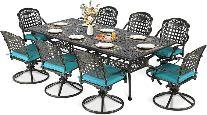 MEETWARM 9-Piece Outdoor Patio Dining Set, All Weather Cast Aluminum Patio Funiture Table and Chairs Set- 94.5” Rectangular Table and 8 Cushioned Swivel Rocker Chairs, Umbrella Hole, Ocean Blue