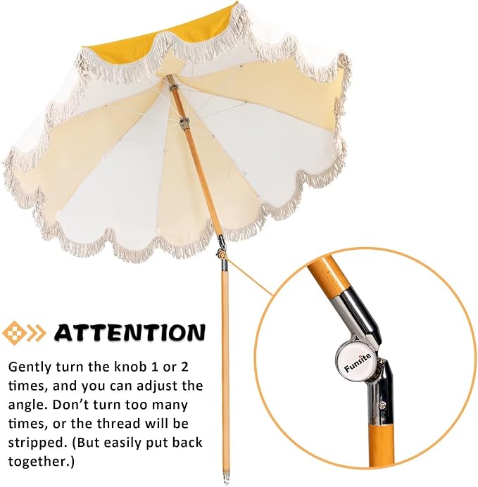 6.5ft Pagoda Beach Umbrella with Fringe, UPF 50+ Boho Umbrellas with Carry Bag, Premium Wood Pole Foldable Tassel Umbrella for Outdoor Garden Lawn Pool Yard Table