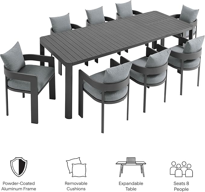 Modway Tahoe Aluminum 9-Piece Patio Dining Set in Gray Gray