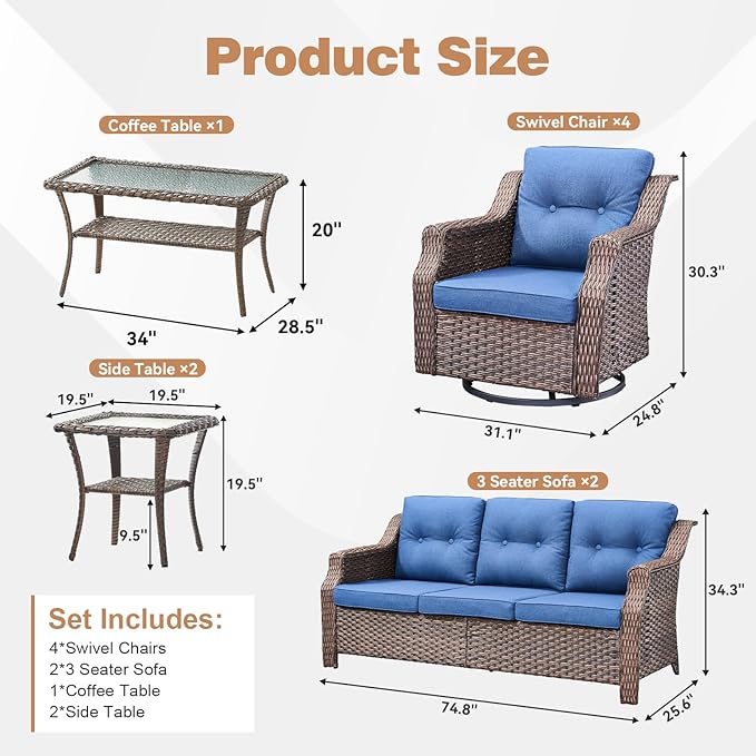 Outdoor Swivel Rocking Chair Set (9-Piece), Rocking Chair with Sofa and Coffee Table Set, Crafted from PE Rattan with an Elegant Side Table, Ideal for Gardens and Patios, Brown/Blue