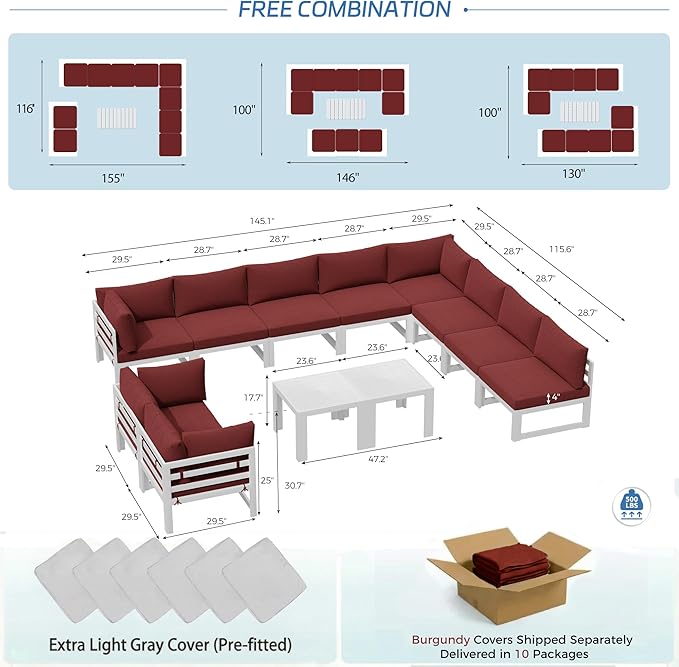 NICESOUL 12 Pcs Large Modern Aluminum Patio Furniture Set, L Shaped All Weather Modular Sectional Sofa with Coffee Table, 500 lbs Heavy Duty Comfortable Outdoor Couch for Poolside Backyard, Burgundy