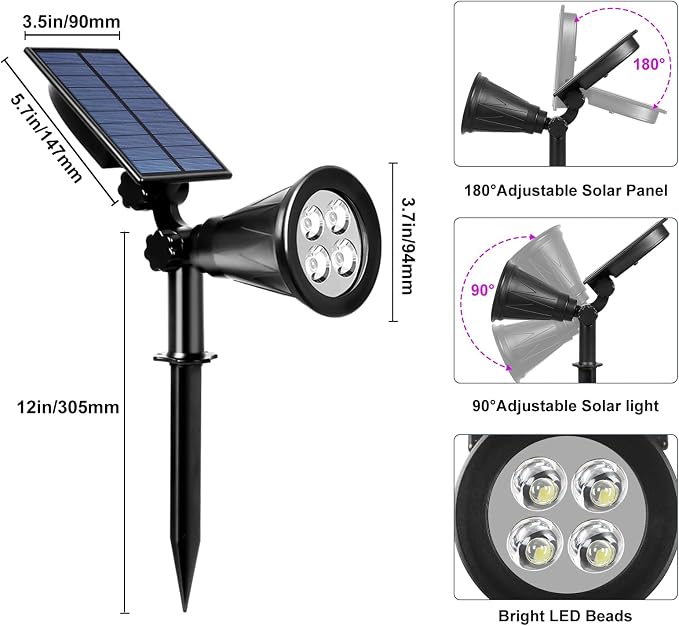 T-SUN [2 Pack] LED Solar Spotlights, Waterproof Outdoor Security Landscape Lamps, Auto-on/Auto-Off by Day, 180 Angle Adjustable for Tree, Patio, Yard, Garden, Driveway, Stairs, Pool Area(Purple) | 4 LEDs, 2 Lighting Modes, IP65 Waterproof Dusk to Dawn ...