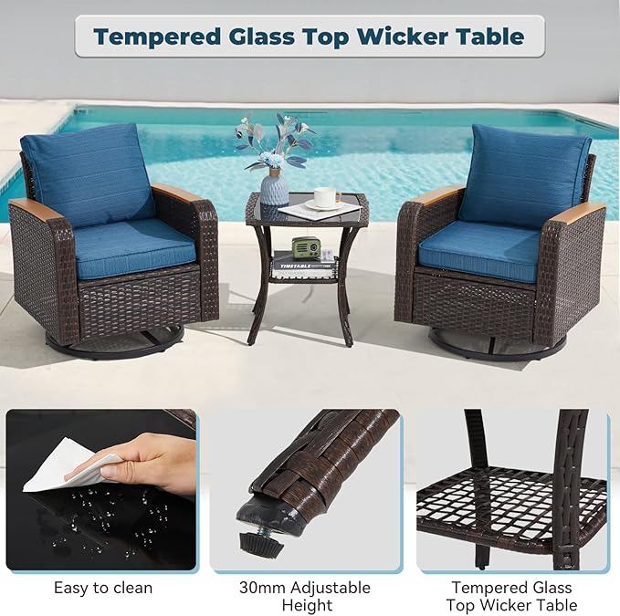 3 Pieces Outdoor Furniture Set with Swivel Chairs, Wicker Patio Furniture Sets for Porch Deck Bistro Lawn Garden Backyard Poolside - Navy Blue
