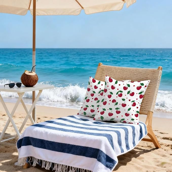 16x16 Inch Outdoor Pillow Covers Set of 2 Waterproof Throw Pillow Covers Decorative Couch Cushion Covers Cherry Leaf Fruit Square Pillowcases Protectors for Patio Garden Sofa