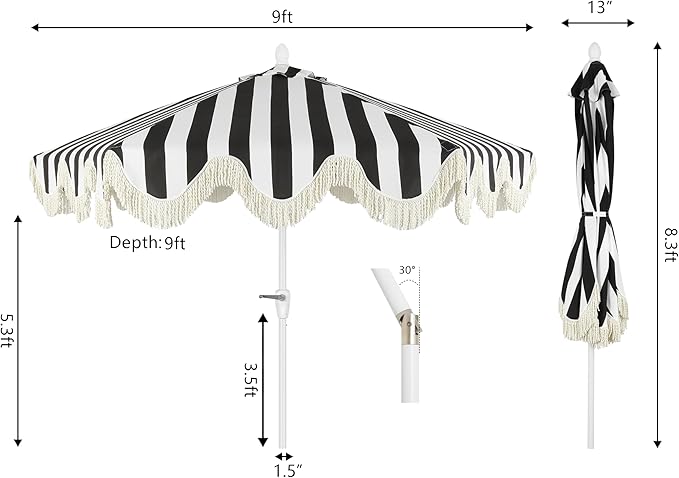 JONATHAN Y UMB1001 Collins 9 ft. Classic Cottage Tassel Market Patio Umbrella with Auto-Tilt, Crank, Wind Vent and UV Protection