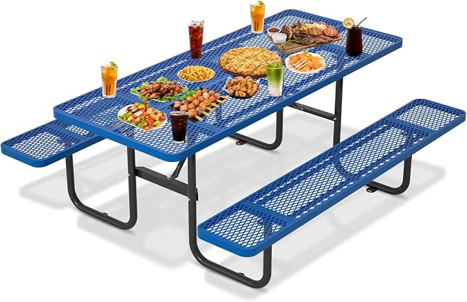 72'' Rectangular Steel Picnic Table for Outdoors,Commercial Metal Picnic Table with Umbrella Hole, Heavy Duty Sturdy Picnic Tables Furniture Set for Patio Garden Courtyard BBQ, Blue