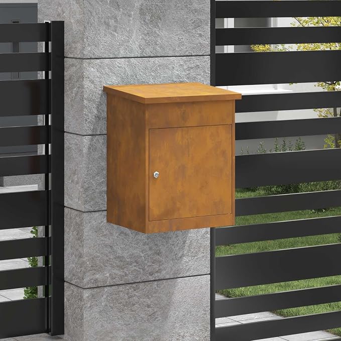 Weathering Steel Parcel Drop Box, Lockable Outdoor Delivery Mailbox for Porch, Large Secure Package Mail Drop Slot, 18.7 x 14.96 x 23.23 in, Rusty