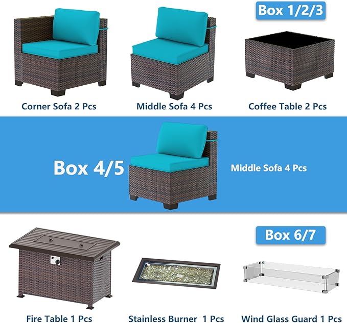 Outdoor Patio Furniture Set with Gas Fire Pit Table, 13 Pieces Outdoor Furniture Set Patio Sectional Sofa w/43in 55000 BTU Propane Fire Pit, PE Wicker Rattan Patio Conversation Sets - Teal