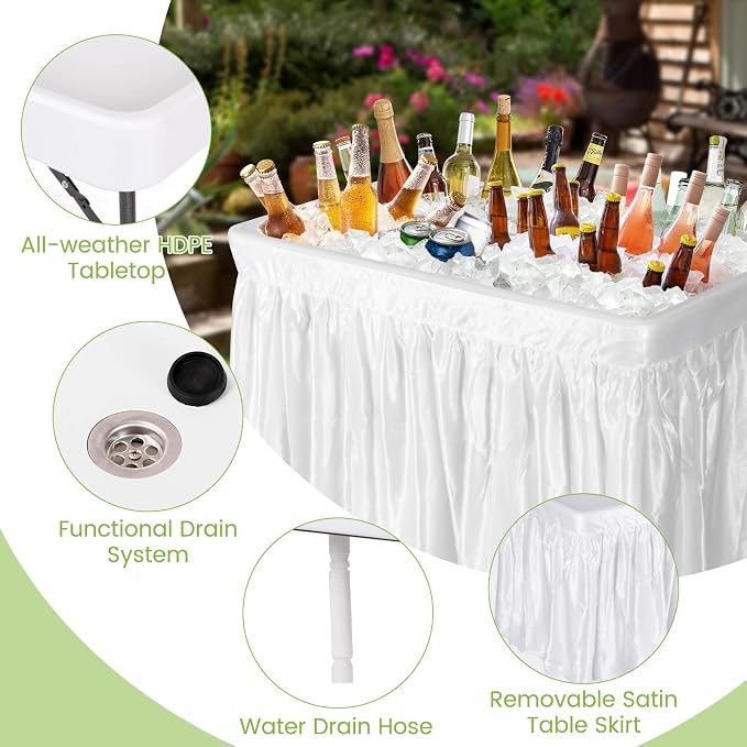 Folding Ice Cooler Table with Drain & Removable Matching Skirt, No Assembly Outdoor Cooler Side Tables, Beverage Fill and Chill Tables, Portable Ice Table for Party BBQ Camping Wedding