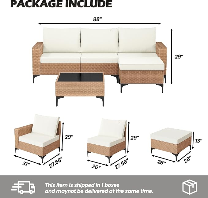 Vikiullf 5 Pieces Patio Furniture Set, Wicker Outdoor Conversation Set, Patio Sectional Sofa with 4" Thick Cushions, for Backyard, Poolside, Garden (Beige)