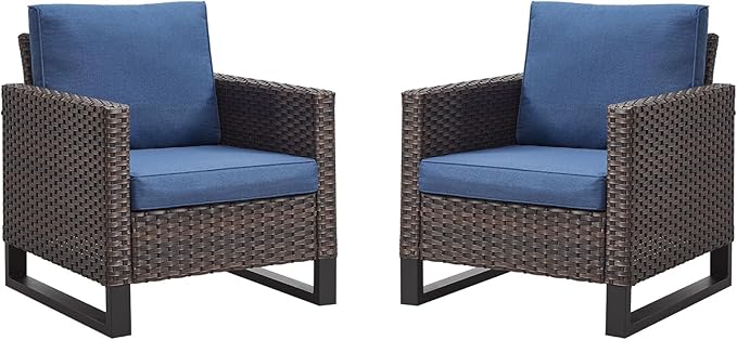 Rilyson Wicker Outdoor Patio Chairs Set of 2-2 Piece Rattan Chairs with Waterproof Wicker,Comfortable Cushions and Sturdy Metal Frame for Outside Porch Deck Backyard(Brown/Blue)