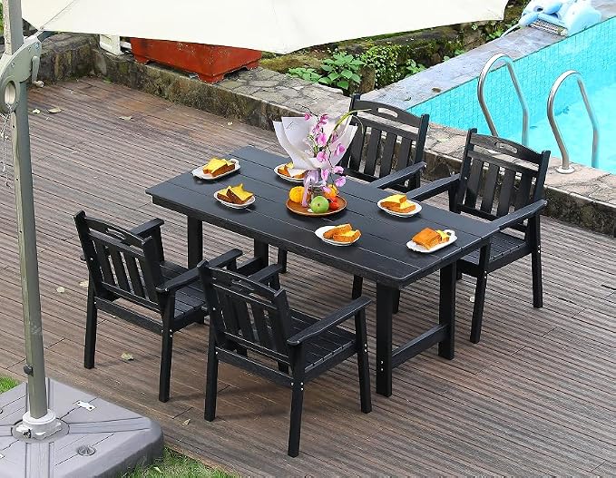 KEIKI 66.9" HDPE Outdoor Table, All Weather Patio Table with Umbrella Hole,Waterproof & Fade Resistant, Wood Grain Finish, Easy Assembly Patio Furniture for Garden Balcony Poolside Backyard, Black