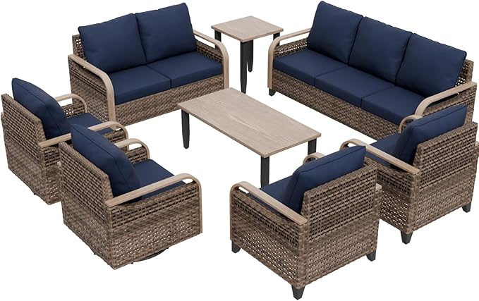 COOS BAY Modern Wicker Outdoor Furniture Set, 8 Piece Patio Conversation Set with 2 Swivel Rockers, 2 Patio Chairs, a 3 Seat Couch, a Loveseat, Coffee Table and Side Table, 8 Piece, Brown/Blue