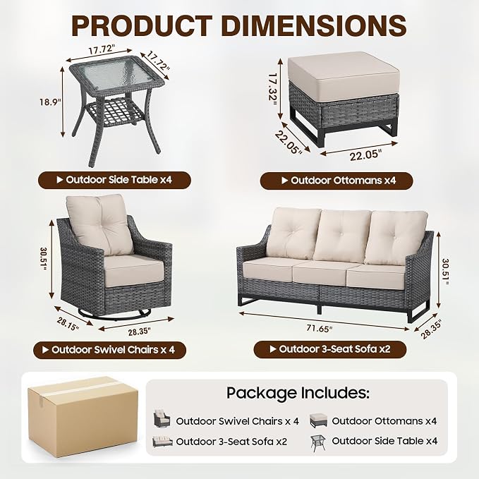 14 Piece Patio Furniture Set, 360°Swivel Glider Patio Chairs Set of 4, Outdoor 4 Ottomans,2 Sofas, 4 Side Tables Comfortable Seating with 6 Inch Thick Cushions, All-Weather Wicker Outdoor Patio Set