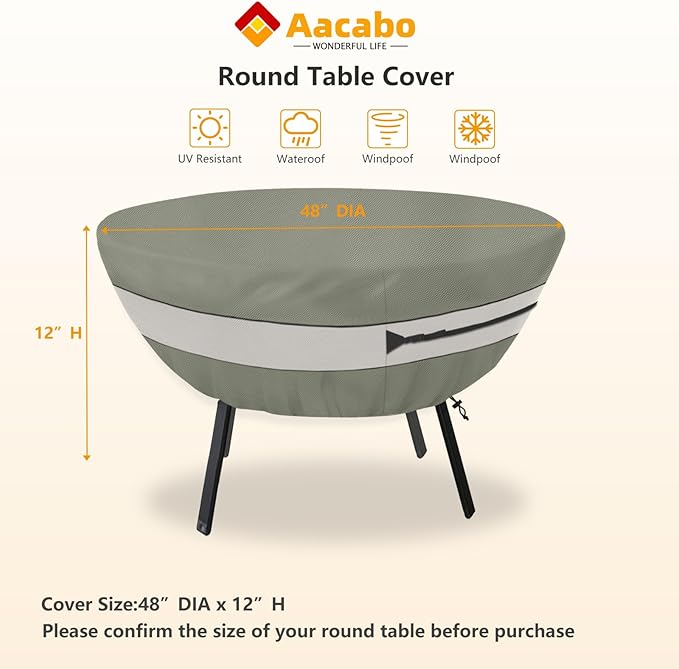 Round Patio Table Cover,Suitable for 48 Inch Diameter Patio Round Table,Waterproof Heavy Duty Round Outdoor Coffee Table Cover Grey Green