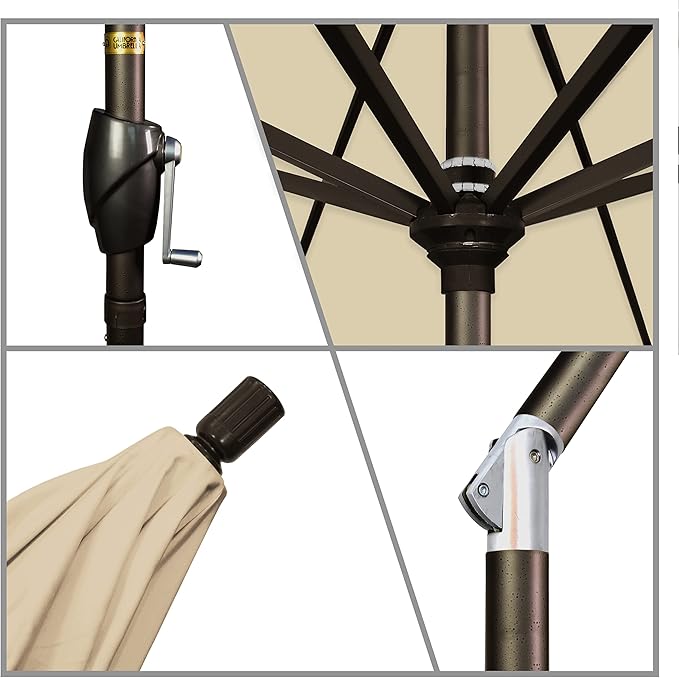 California Umbrella 7.5' Round Aluminum Market Umbrella, Crank Lift, Push Button Tilt, Bronze Pole, Sunbrella Antique Beige