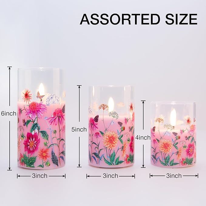 Pink Floral Glass Flameless Pillar Candles with Remote, Flickering Spring LED Battery Candles Home Decor Set of 3