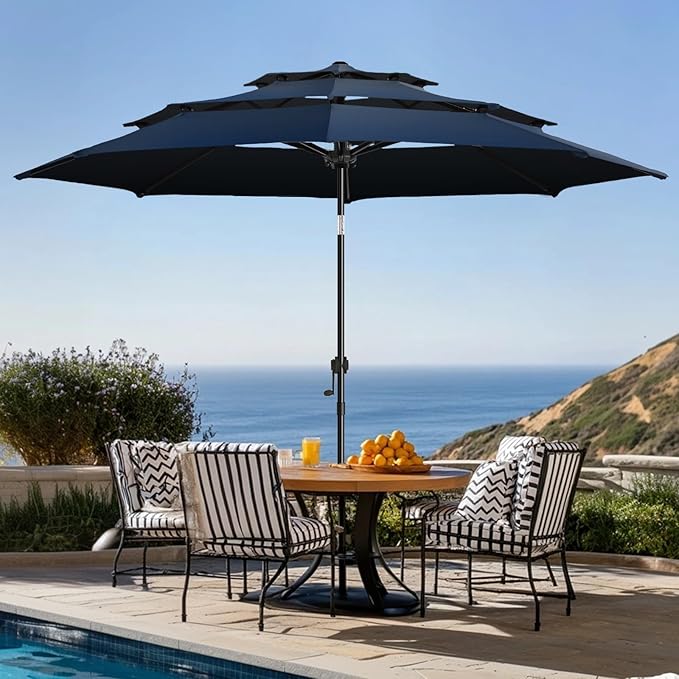 wikiwiki 10ft 3-Tier Patio Umbrella Outdoor Table Market Umbrella for Patio with Push Button Tilt/Crank, Fade Resistant Waterproof POLYESTER Canopy for Garden, Lawn, Deck, Backyard & Pool, Navy Blue