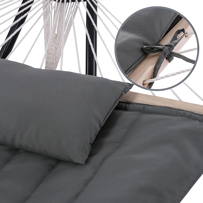 Double Hammock with Stand for Outside, Rope Hammocks with Polyester Pad 2 Person, 12ft Heavy Duty Stand, Extra Pillow, Storage Sidebag, Max 475 lbs Capacity (Gray)