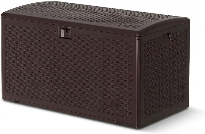 Jojoka Lockable & Weatherproof 73 Gallon Brown Resin Deck Storage Box, Extra Large Outdoor Storage Organizer for Garden Tools, Pool Toys, Patio Furniture Cushions, Woven Strap Design