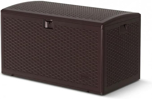 Jojoka Lockable & Weatherproof 73 Gallon Brown Resin Deck Storage Box, Extra Large Outdoor Storage Organizer for Garden Tools, Pool Toys, Patio Furniture Cushions, Woven Strap Design