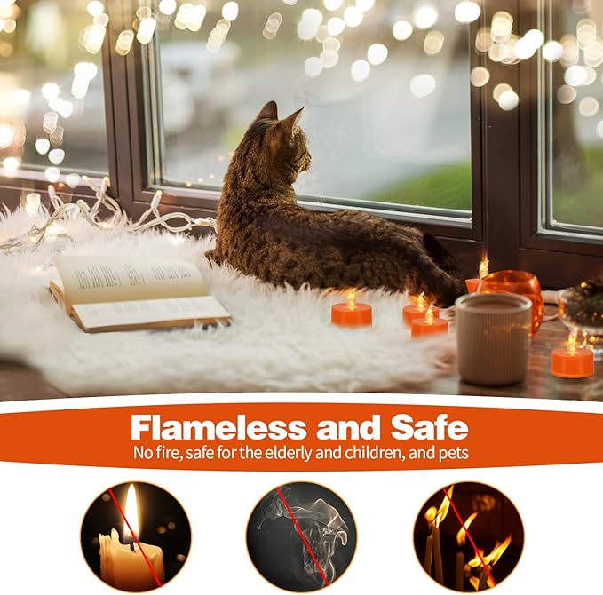 KOABY 24 Pack Warm Yellow Light Non-Flickering Flameless Tea Lights, Orange Base, Last 100H+, Battery Operated Tea Lights for Decor
