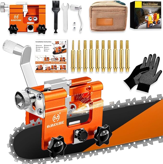 Chainsaw Sharpener with 10 High Hardness Titanium Plated Diamond Bits, Portable Manual Chainsaw Sharpening Jig Kit Tool, Chain Saw Blade Sharpener Accessories Fit for 4"-22" Chain Saws