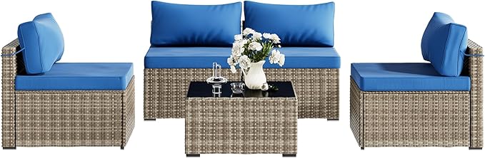5 Piece Patio Furniture Set, Outdoor Wicker Patio Sofa Set, PE Rattan Sectional Couch with Glass Table and Blue Cushions, All-Weather 5 Piece Outdoor Patio Furniture Sets, Grey