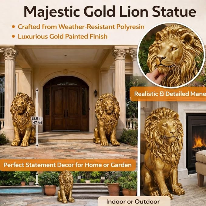 24" Majestic Lion Garden Statue, Gold | Regal Guardian Sculpture, Front Entry & Patio, Golden Resin, Weighted Base for Stability