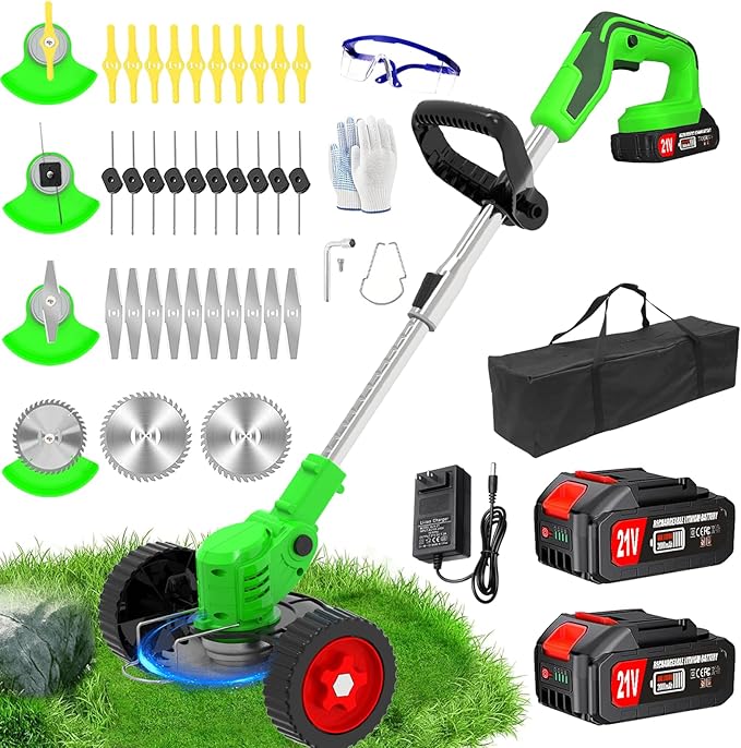 Cordless Weed Wacker Electric Eater 21V Battery Powered String Trimmers 3-in-1 Grass Trimmer/Lawn Edger/Brush Cutter Lightweight Portable Garden Tool with 4 Types Blades & Wheels for Garden Yard